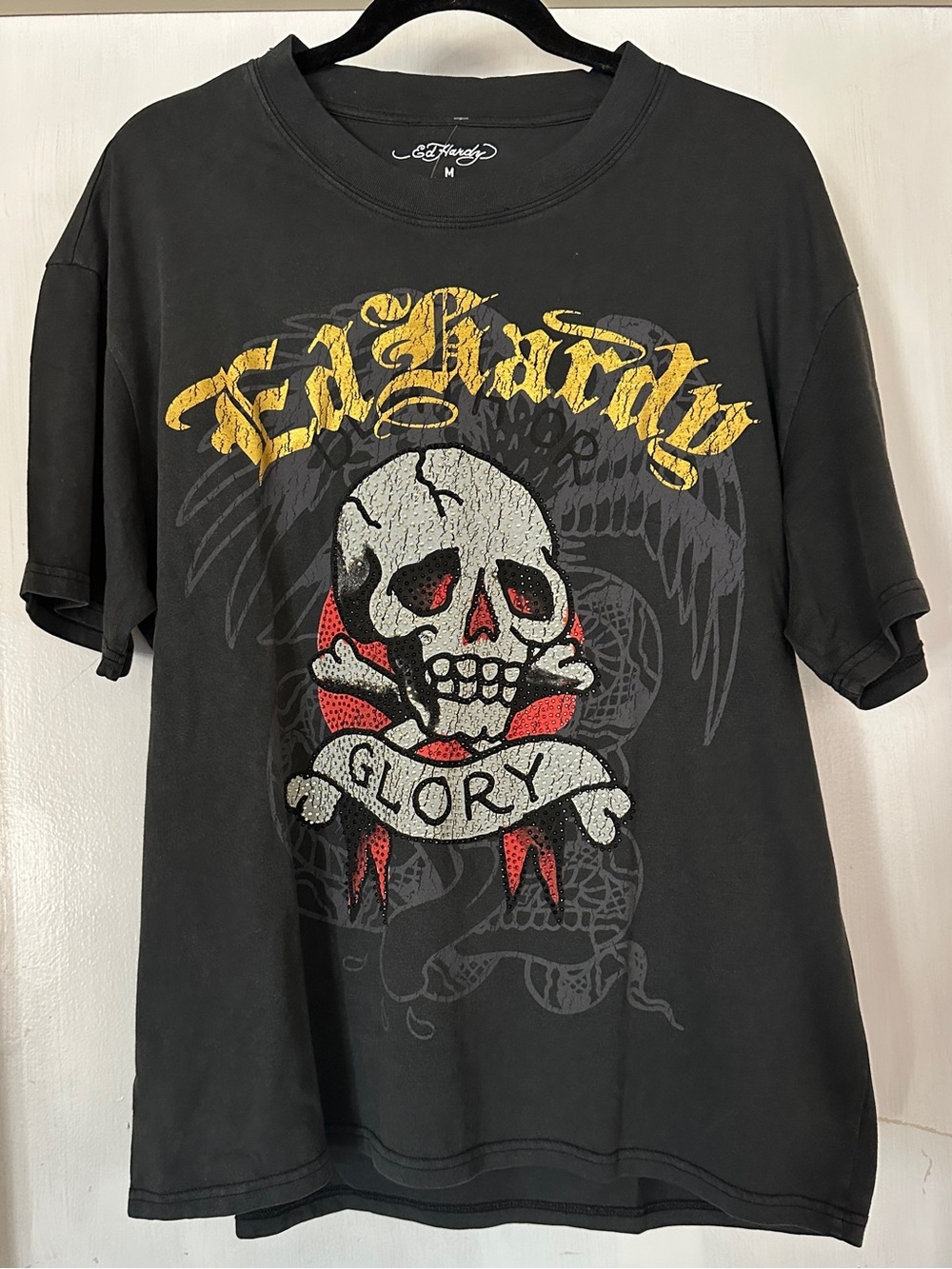 Ed Hardy Black Tee with Yellow Logo and Red Skull Accents
